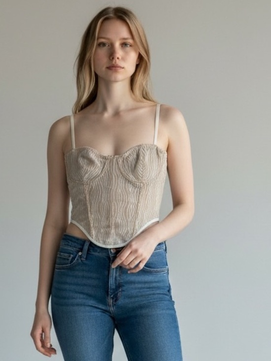 White Fox Boutique Tops - White Fox Boutique Corset Crop Top Sheer Nude Cream Wavy Mesh Bustier M